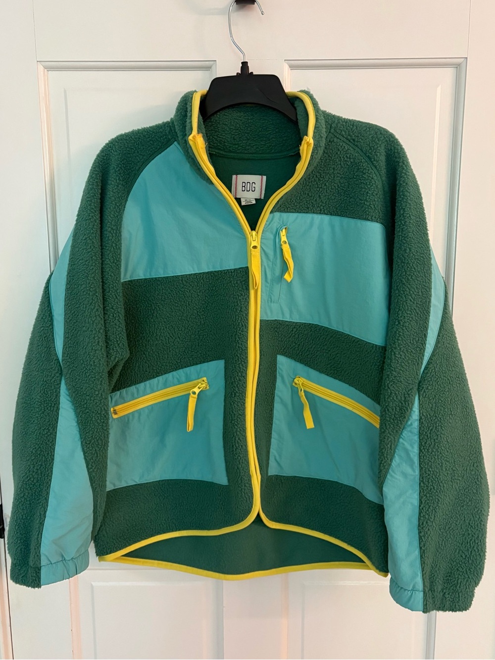 Urban Outfitters, BDG Green and Teal Fleece Jacket with Yellow Trim